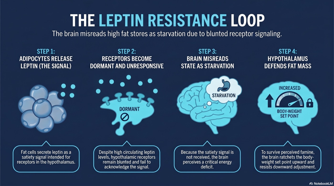 Leptin resistance — adipocyte signal to dormant hypothalamic receptor